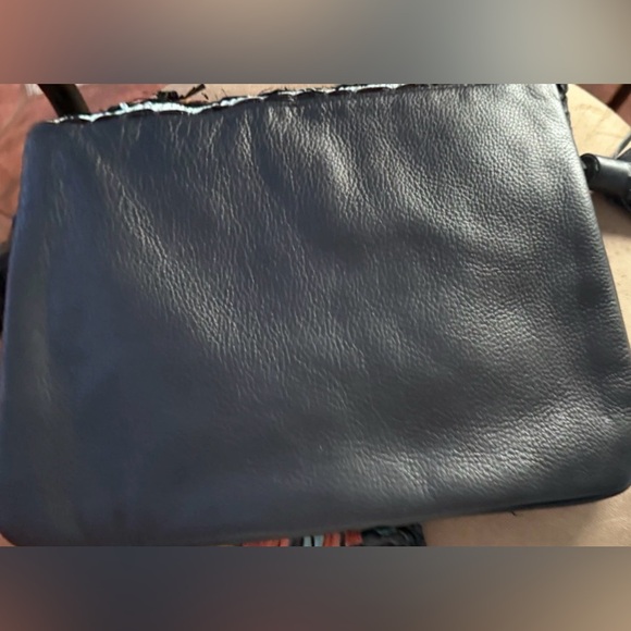 Anthropologie ibBan Handmade Raffia Leather Crossbody Bag Teal Black Tassel - Picture 15 of 16